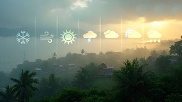 Scenic view with weather icons.