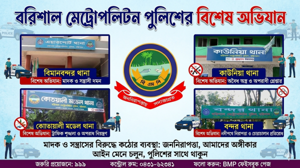 বরিশালে বিশেষ অভিযানে গত ৮ দিনের বিপুল মাদক সহ গ্রেপ্তার ২৪১ জন
