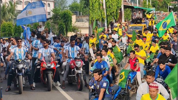 বরিশালে আর্জেন্টিনা ও ব্রাজিল সমর্থকদের বর্ণাঢ্য মোটরসাইকেল শোভাযাত্রা
